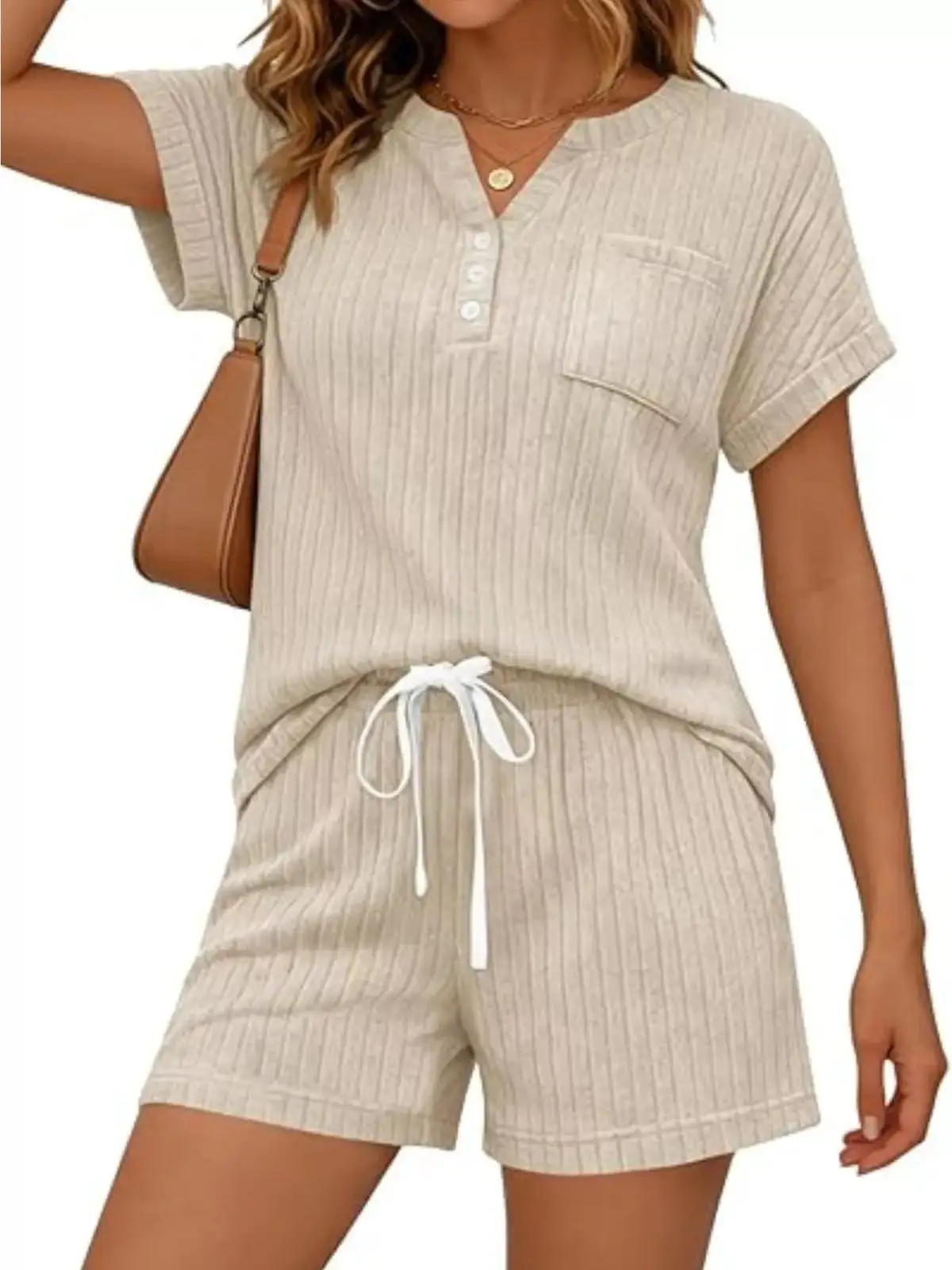 Drawstring Pocketed Ribbed Tee and Shorts Matching Set
