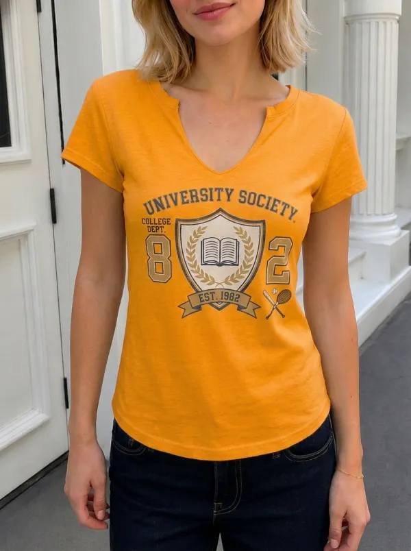 Women's University Society Tennis Book Printed V-neck T-shirt