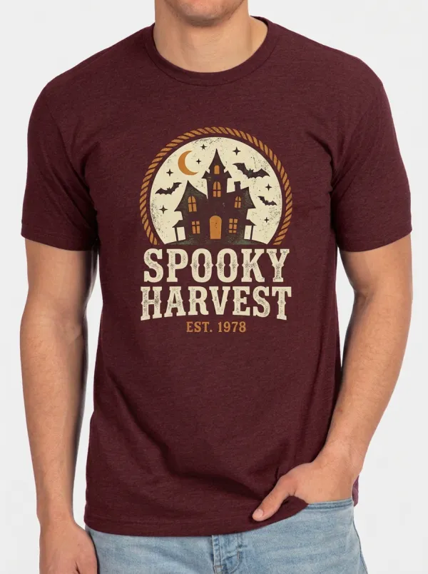 Men's Halloween Spooky Harvest Haunted House Printed T-shirt