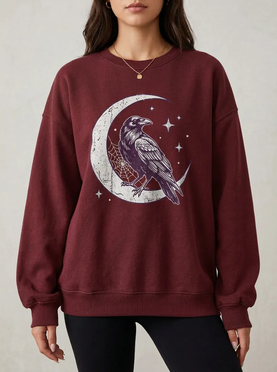 Women's Halloween Gothic Raven Moon Spiderweb Printed Sweatshirt