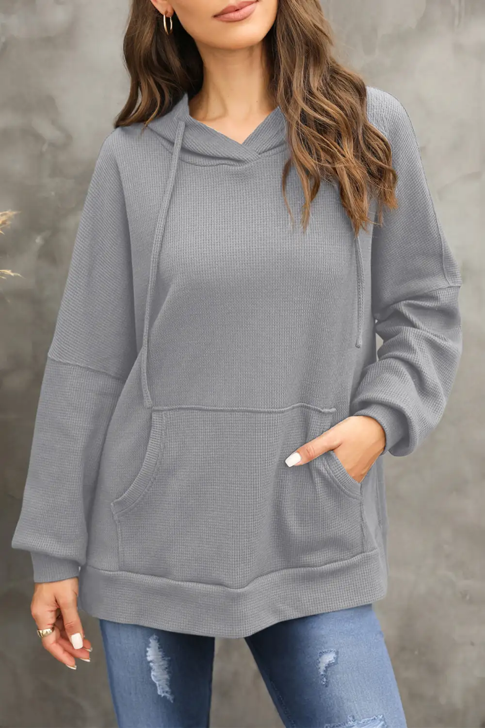 Long-Sleeve Waffle-Textured Knit Hoodie