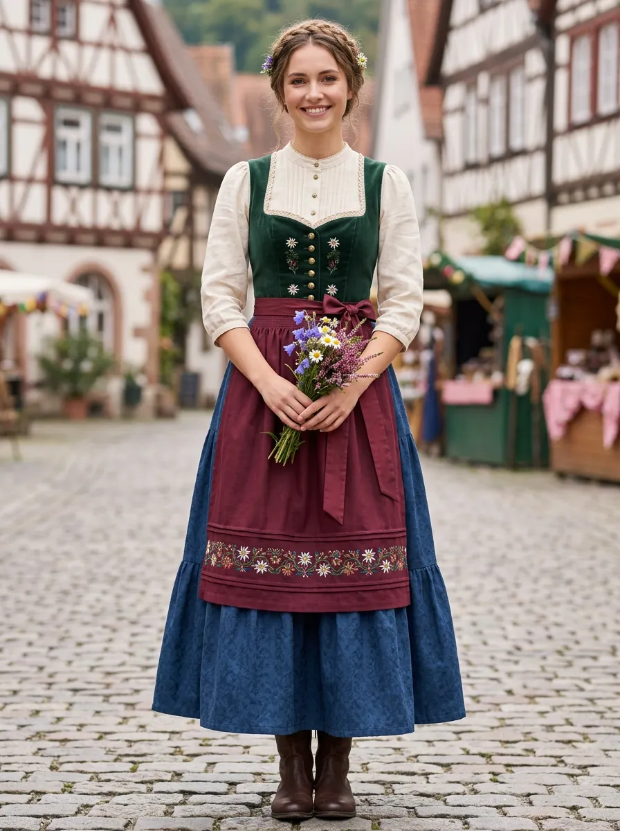 Floral Embroidered Velvet Bodice Traditional Women's Bavarian Oktoberfest Dirndl Dress