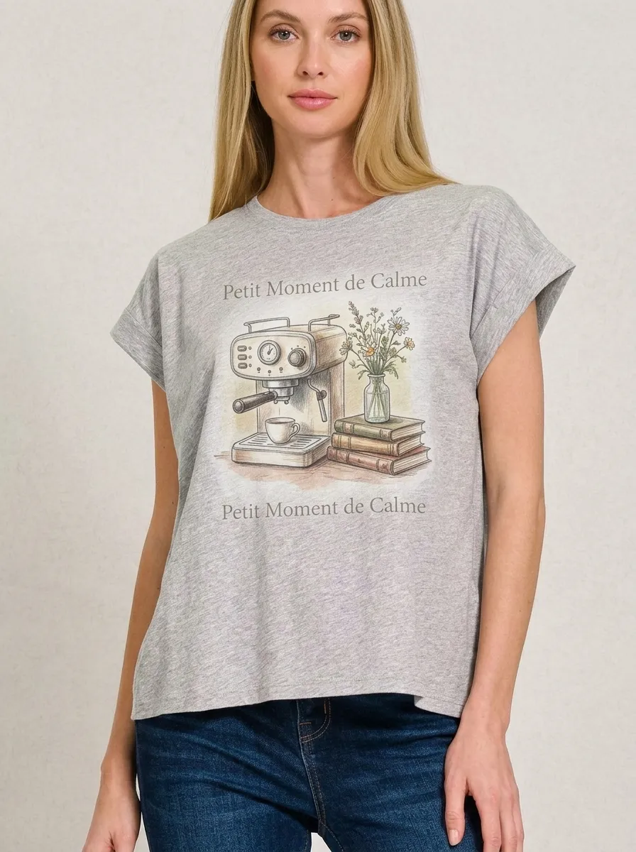 Women's Coffee Lover Books Flowers Petit Moment Printed T-shirt