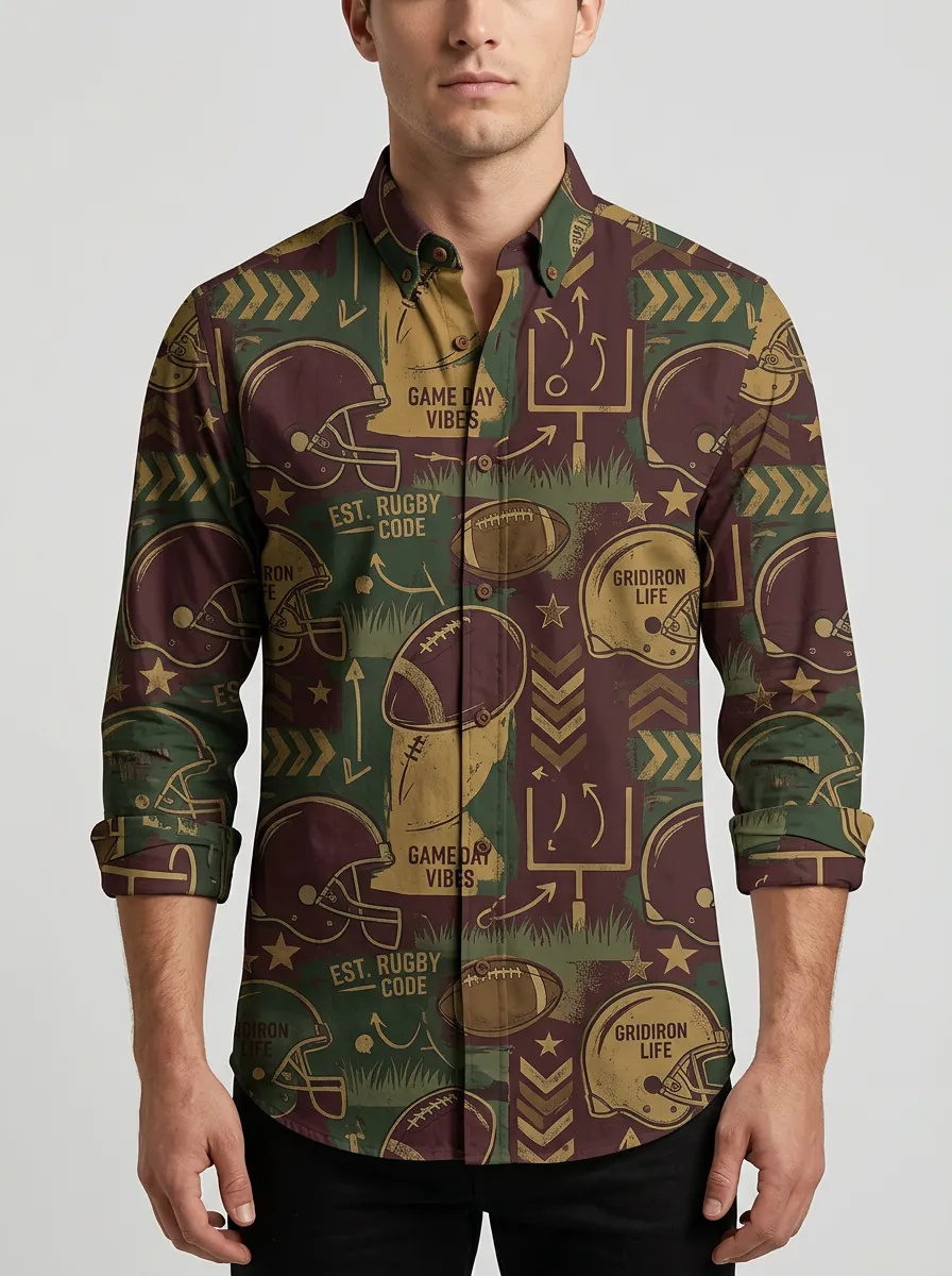 Men's American Football Lover Gridiron Helmet Printed Button-down Shirt