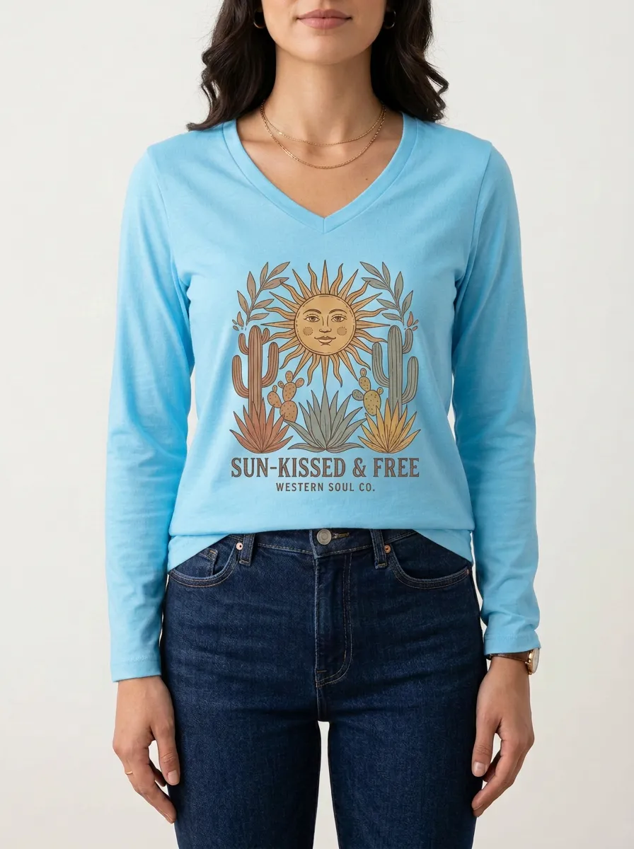 Boho Western Sun Cactus V-Neck Long Sleeve Shirt