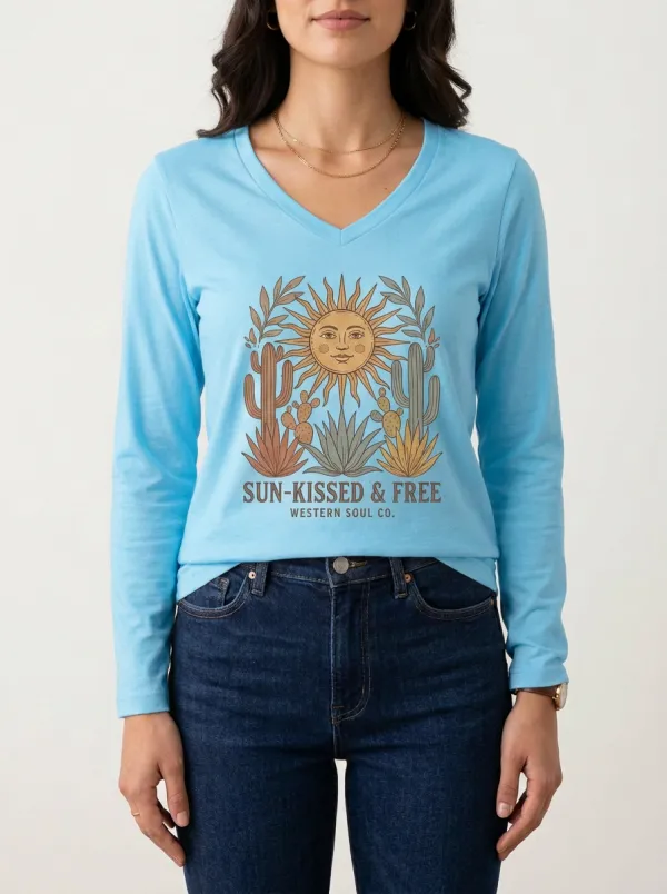 Boho Western Sun Cactus V-Neck Long Sleeve Shirt
