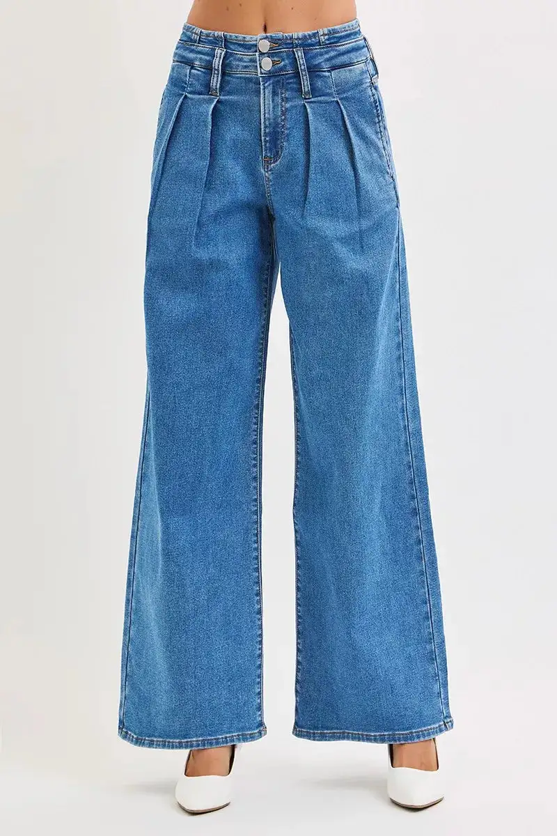 Full Size Mid Rise Fit Wide Leg With Pleated Detail Jeans Plus Size
