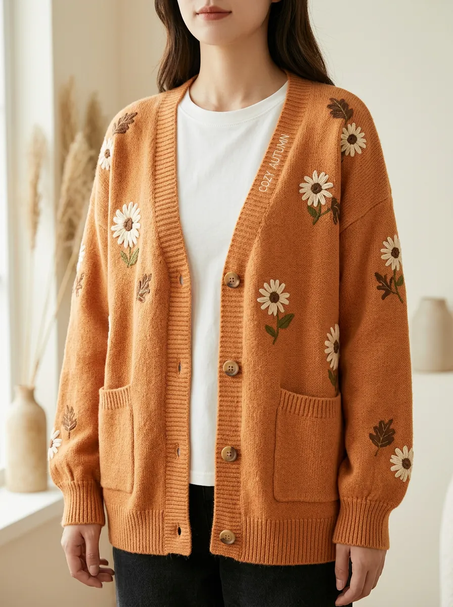 Botanical Daisy Floral Embroidered Women's Knit Cardigan