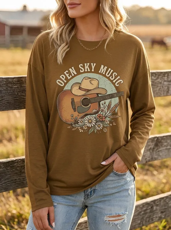 Western-Inspired Illustrated Women's Country Music Long-Sleeve Shirt