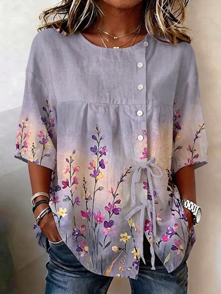 Women's Casual Art Purple Floral Cotton and Linen Shirt