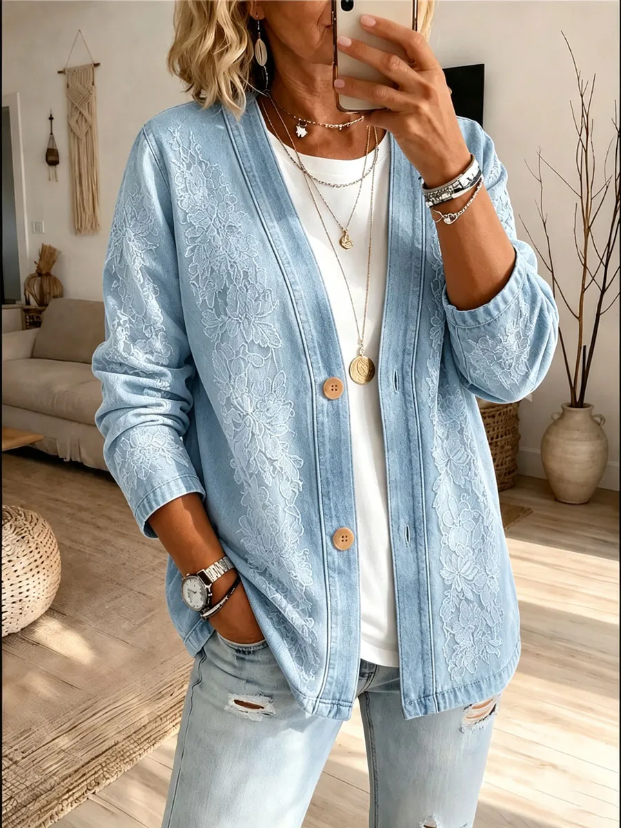 Ladies' Western Style Denim Contrasting Casual Cardigan