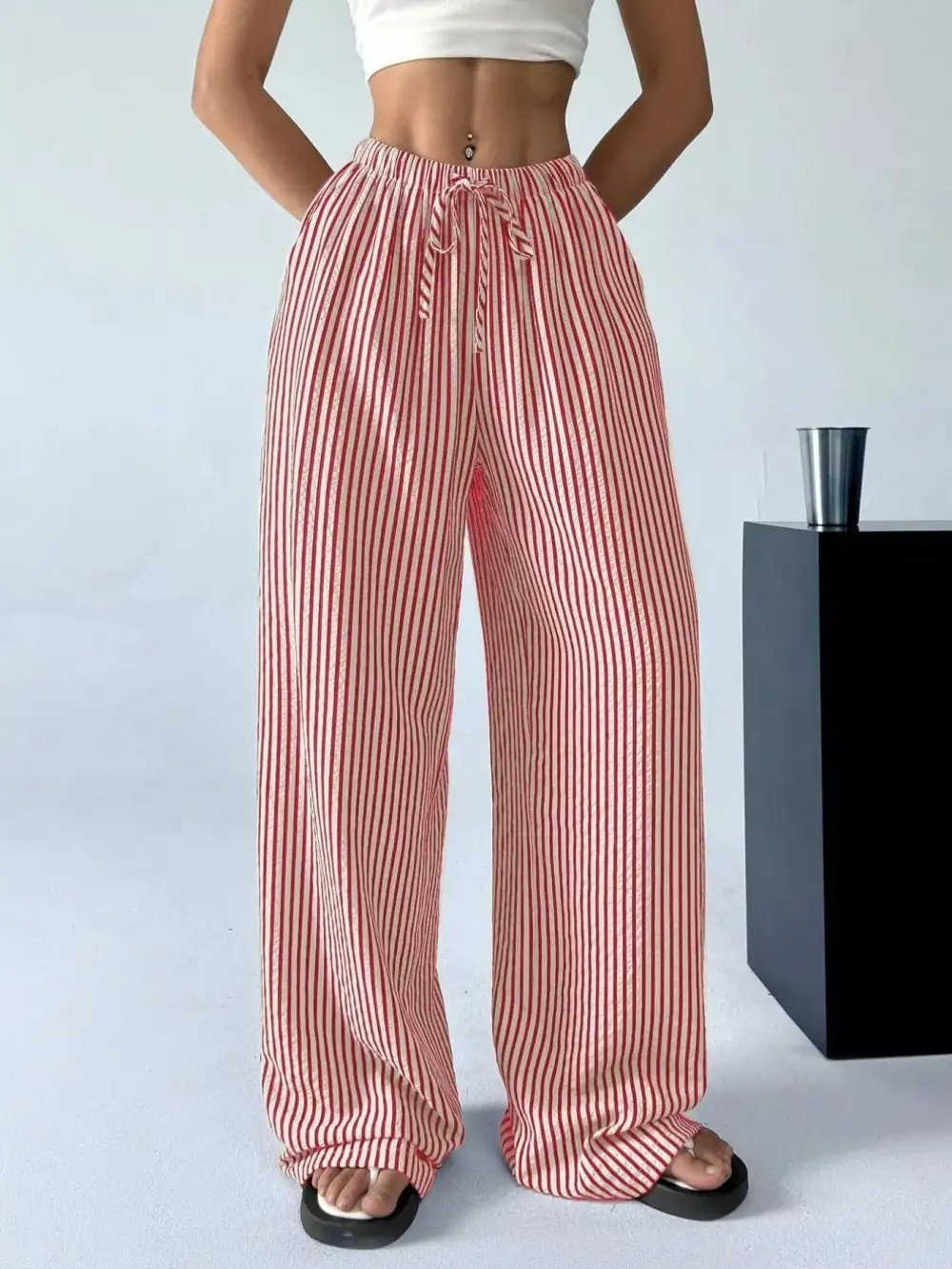 Full Size Striped Drawstring Waist Wide Leg Pants Plus Size