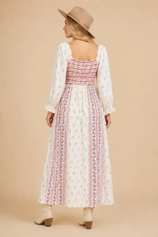 Floral Smocked Ruffle Detail Puff Sleeve Dress