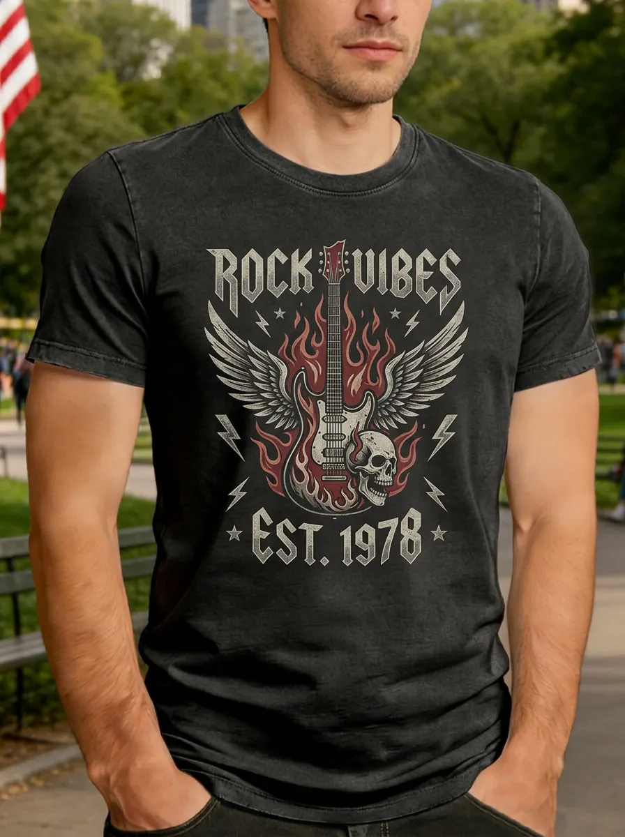 Men's Rock Music Lover Guitar Skull Wings Printed T-shirt
