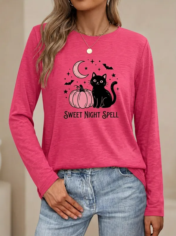 Pumpkin Cat Moon Halloween Cotton Linen Long Sleeve Top