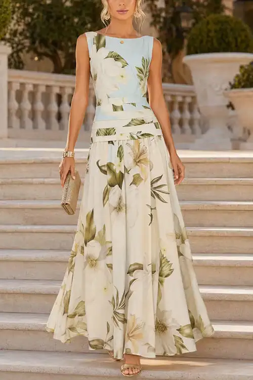 Margovil Boat Neck Sleeveless Floral Print A-line Maxi Dress