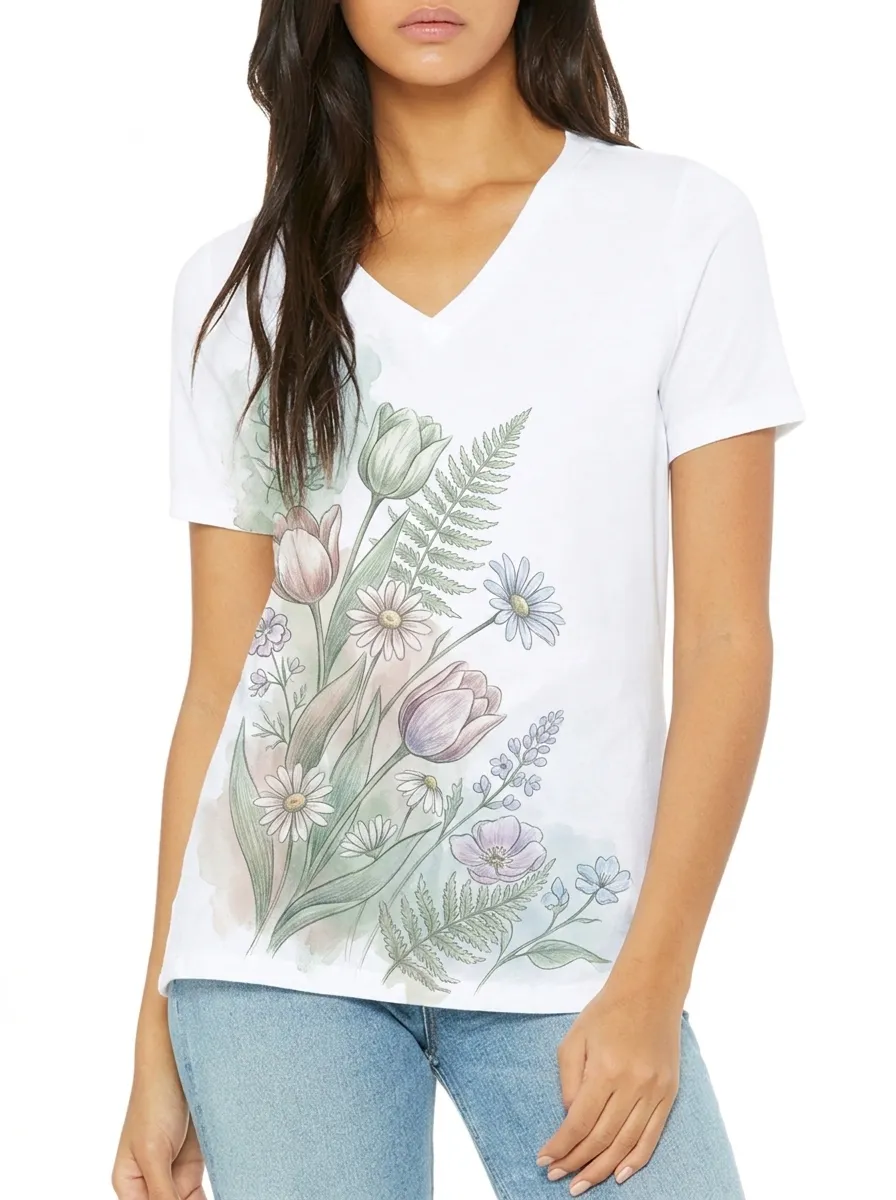 Women's Floral Nature Lover Watercolor Tulip Daisy Printed V-neck T-shirt