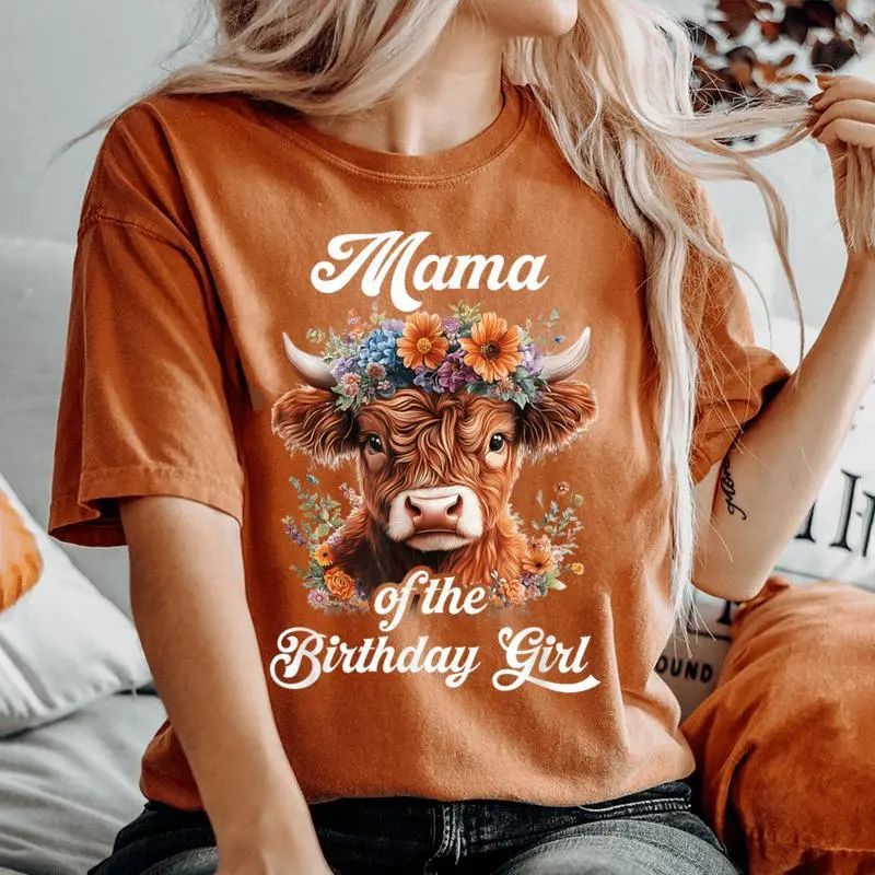 Mama Of The Birthday Girl Highland Cow Farm Family Women's Oversized Comfort T-Shirt