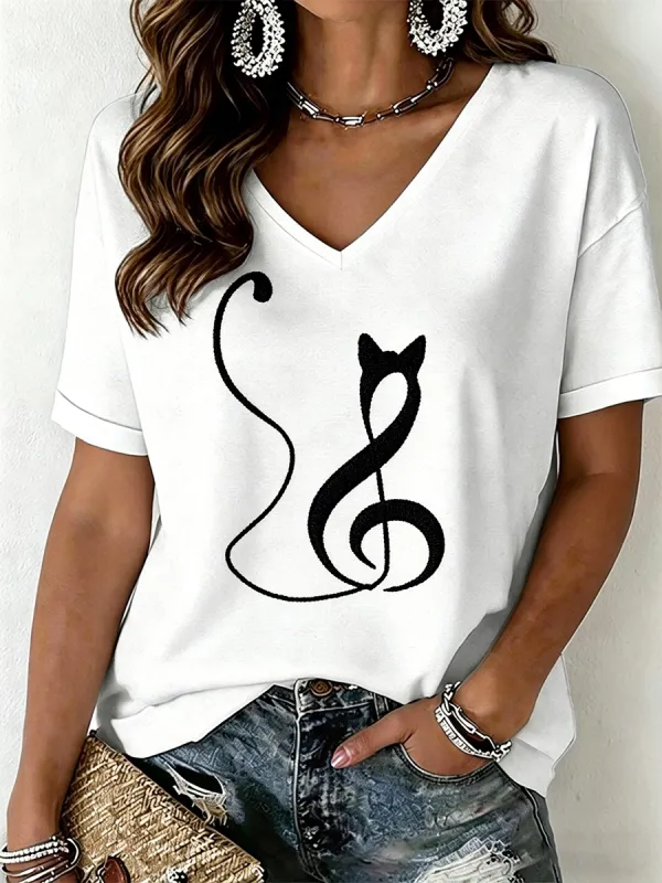 Women's Cat Print V-Neck T-Shirt