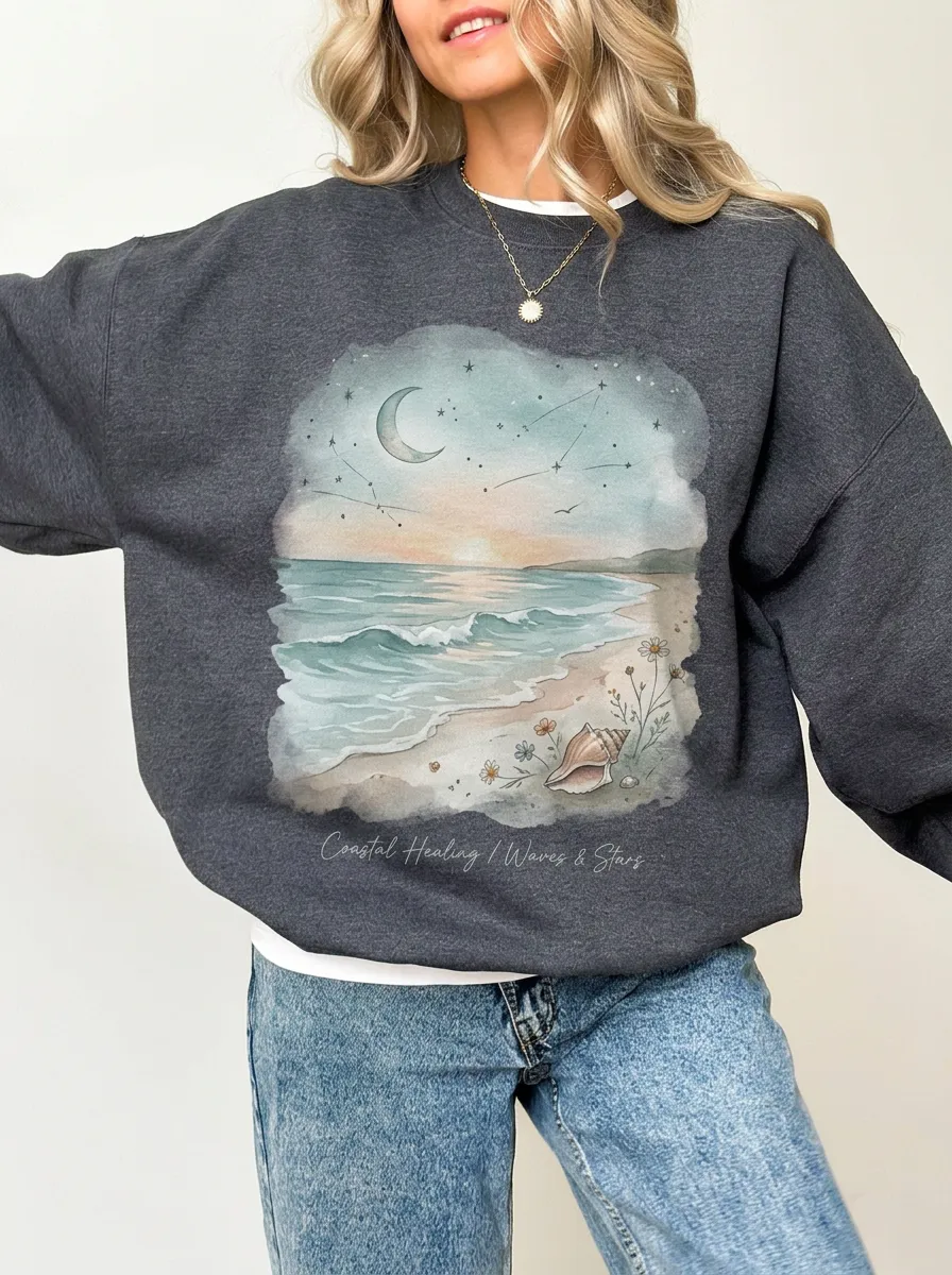 Women's Coastal Beach Lover Moon Waves Seashell Printed Sweatshirt