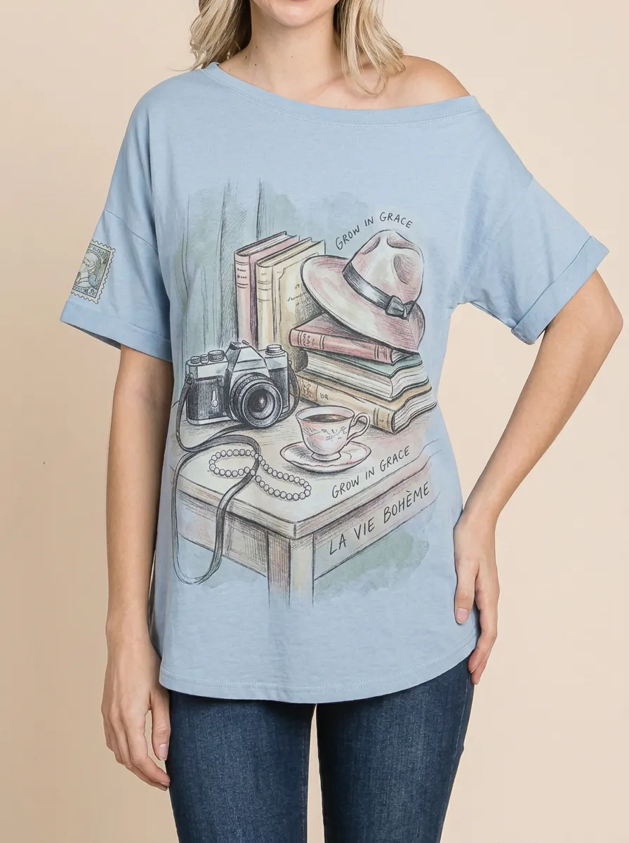 Women's Vintage Aesthetic Camera Books Hat Printed T-shirt