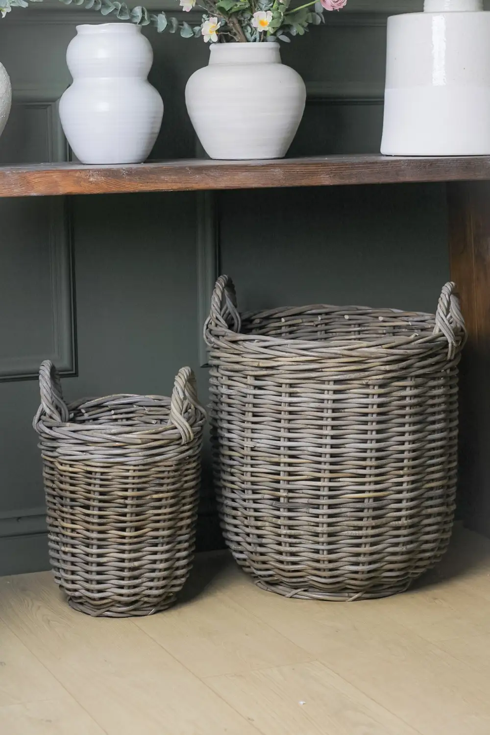 Round Rustic Washed Rattan Storage Basket