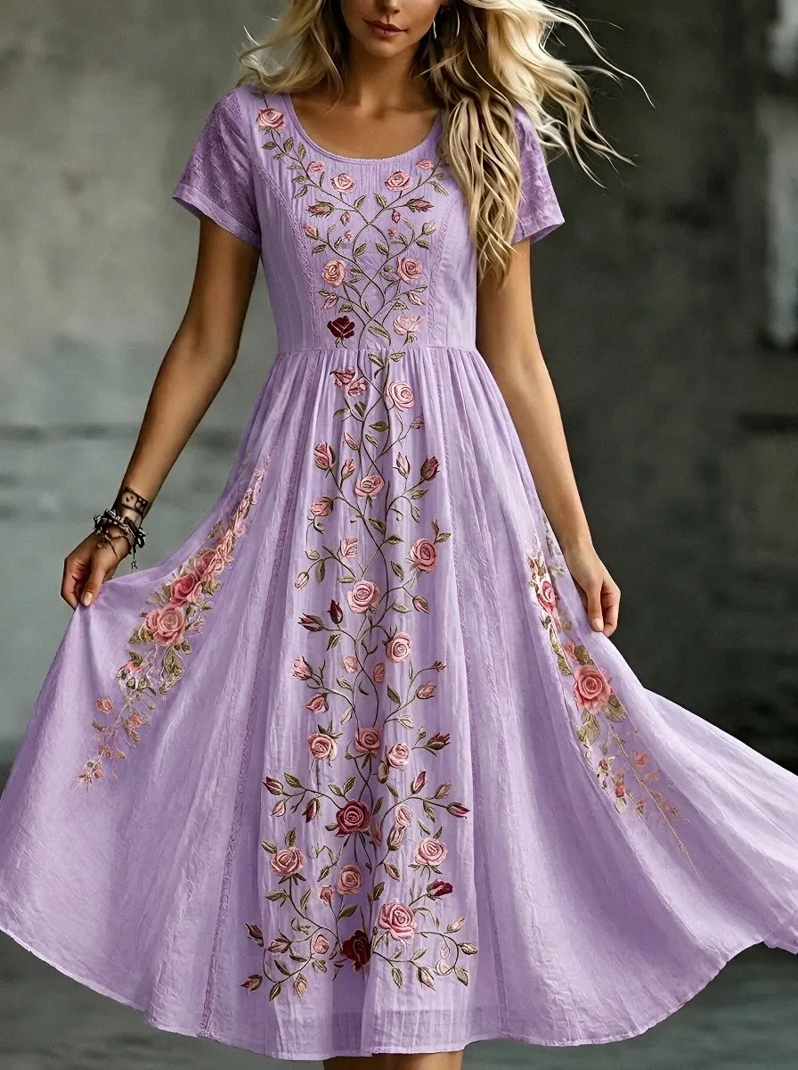 Women's Breast Cancer Awareness Rose Floral Embroidered Printed Dress