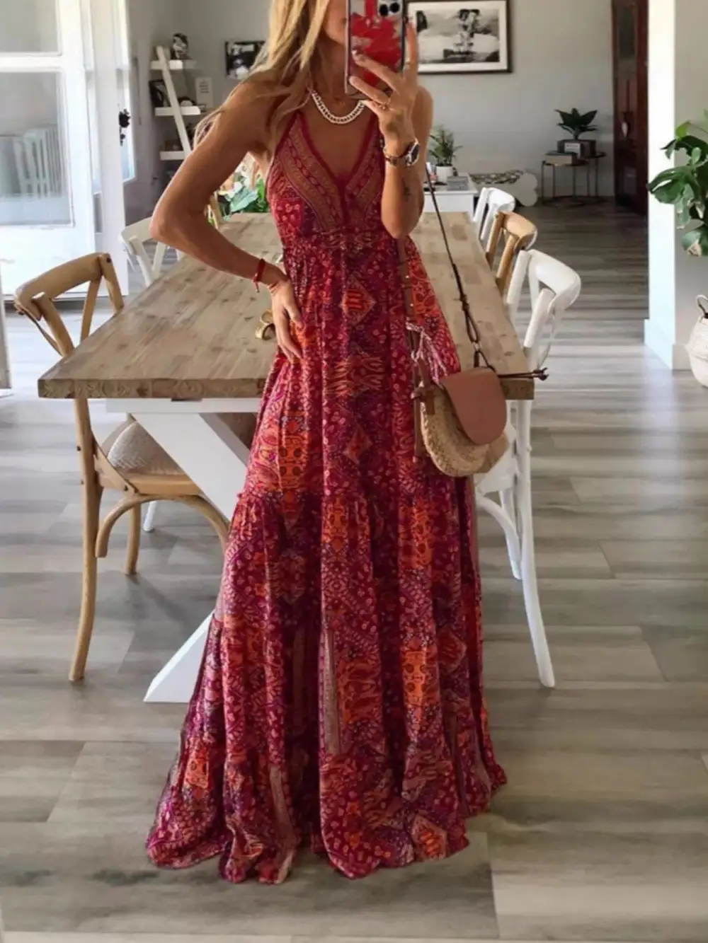 Tiered V-Neck Printed Maxi Dress