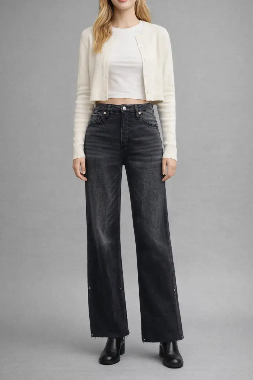 Tummy Control High Rise Vintage Style Wide Leg Cropped Everyday Denim Jeans