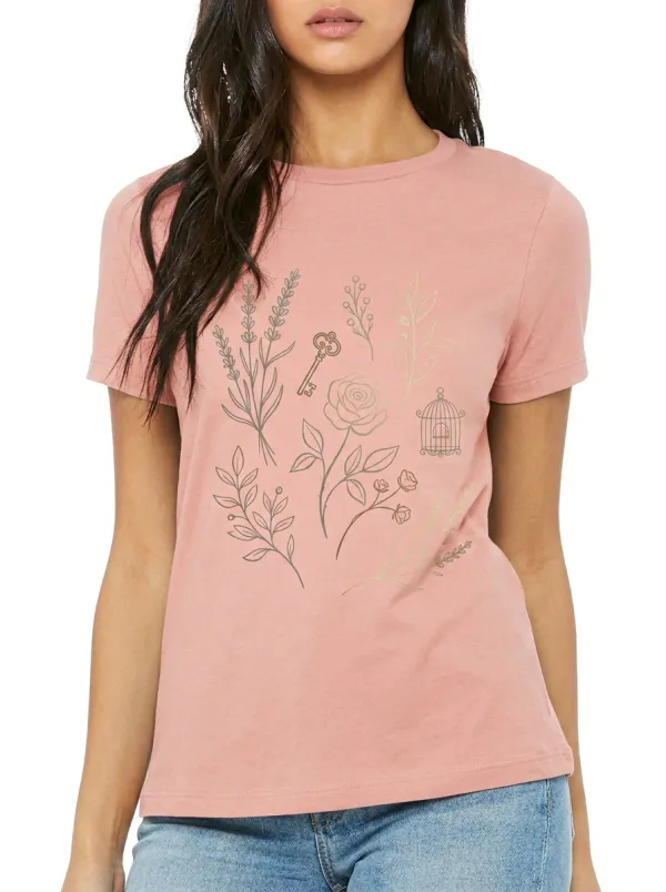 Women's Botanical Rose Key Birdcage Printed T-shirt