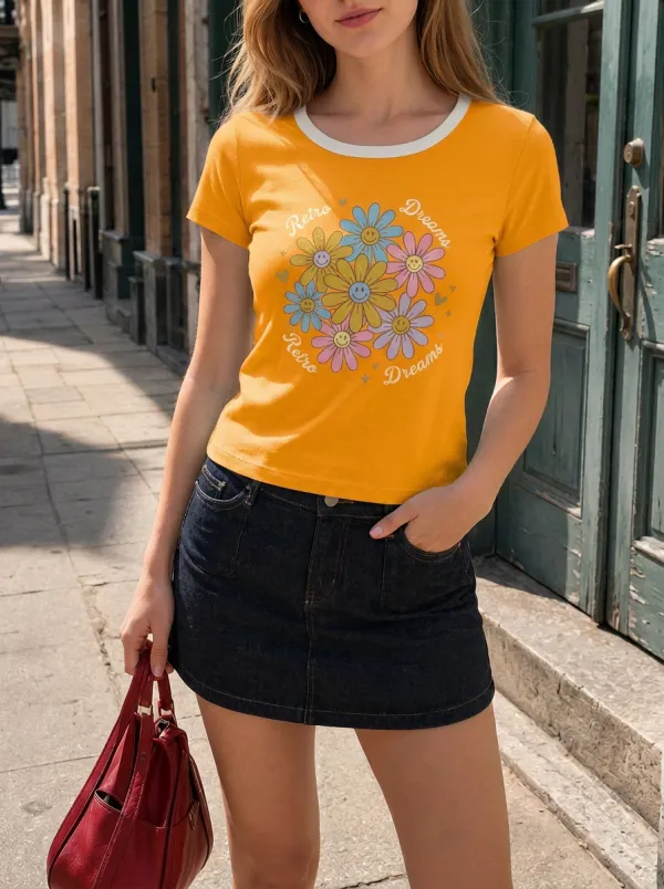 Women's Retro Dreams Smiley Flower Printed Ringer T-shirt