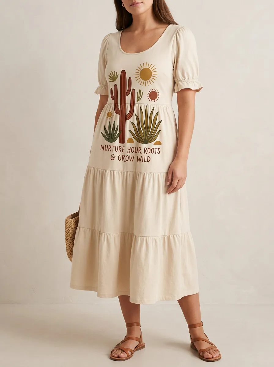 Women's Desert Cactus Nurture Your Roots Printed Midi Dress