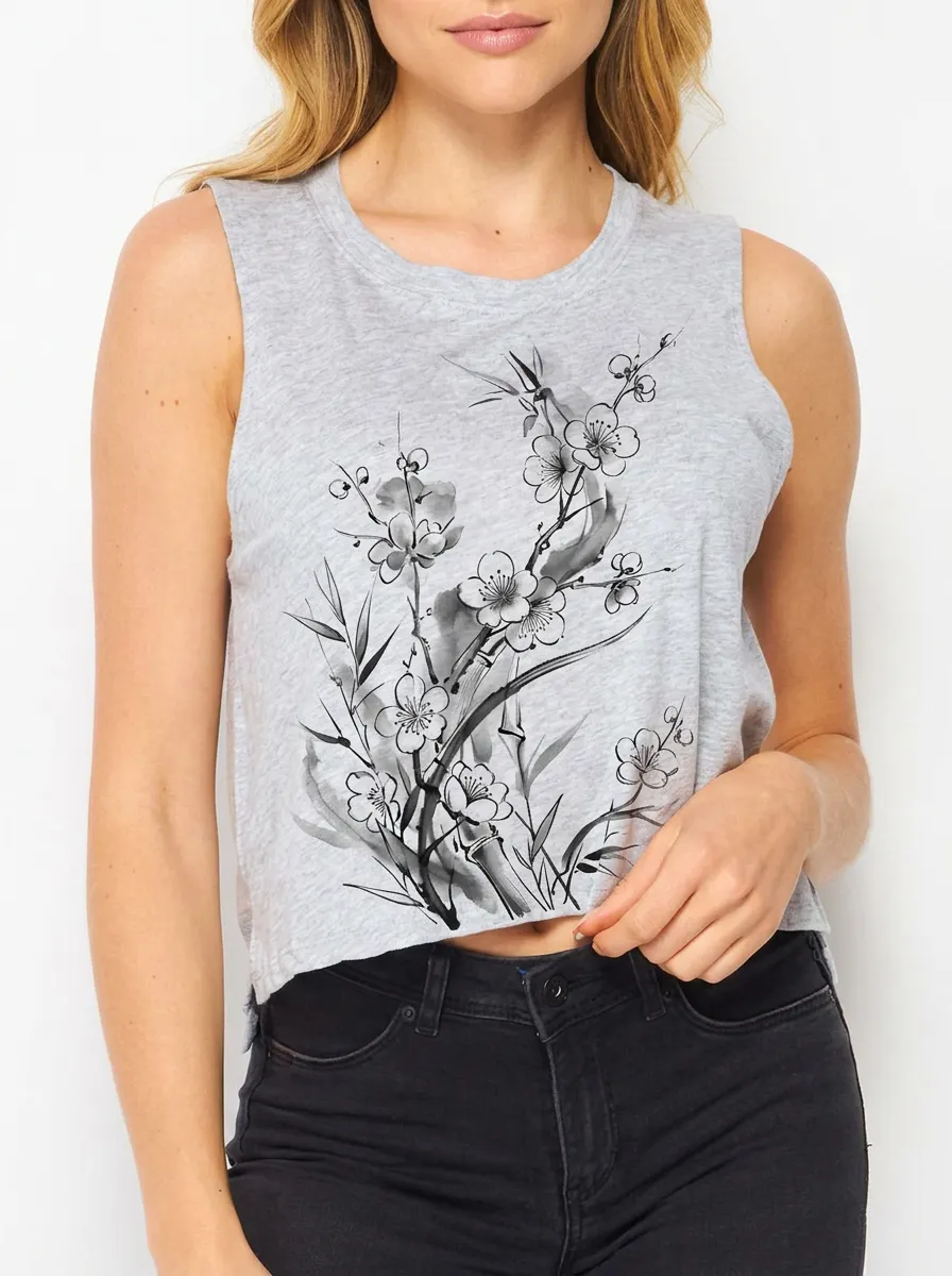 Women's Floral Art Lover Plum Blossom Bamboo Printed Crop Tank Top
