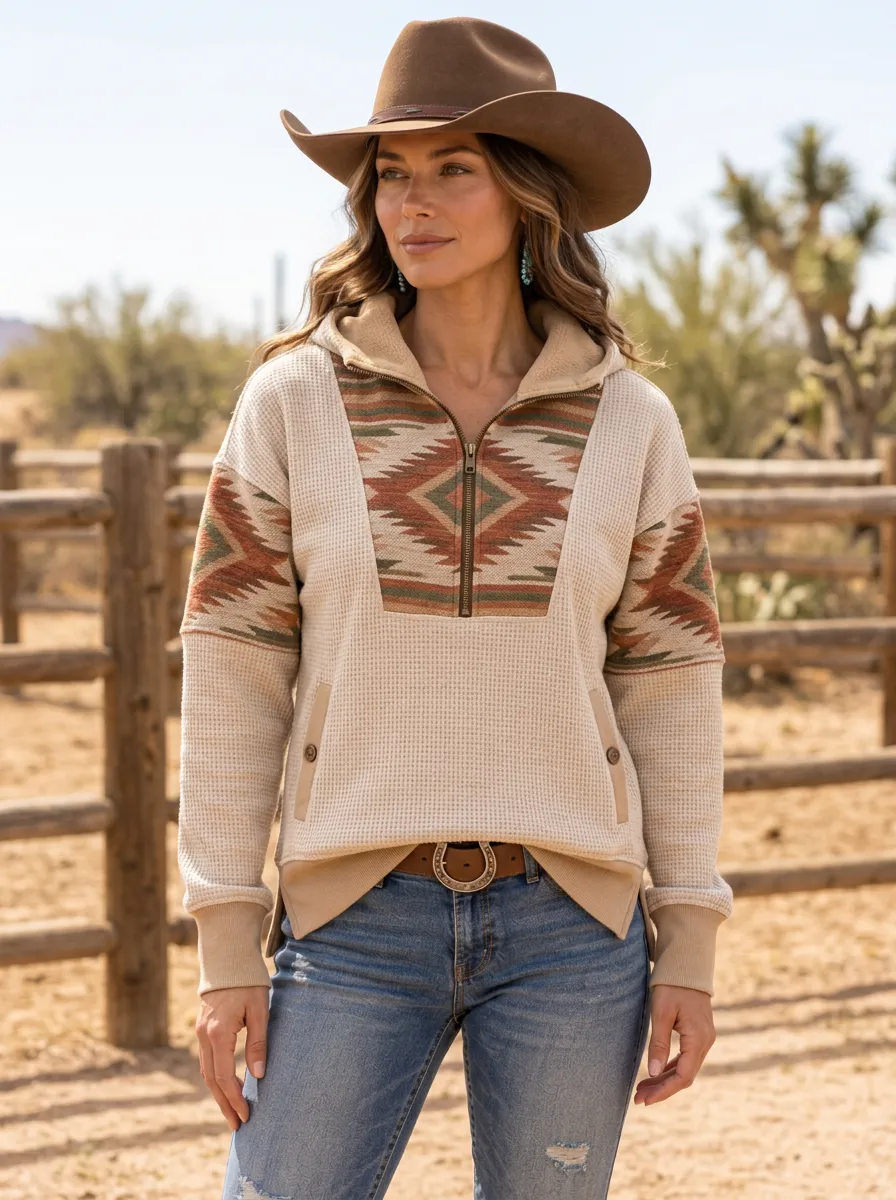 Women's Western Style Aztec Pattern Printed Quarter Zip Hoodie