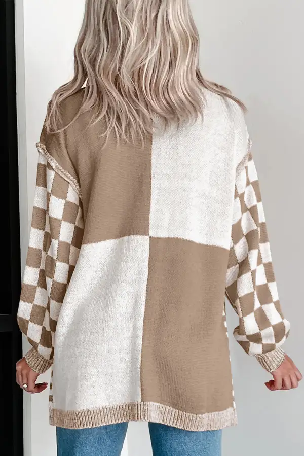 Checkered Open Front Drop Shoulder Everyday Layer Cardigan