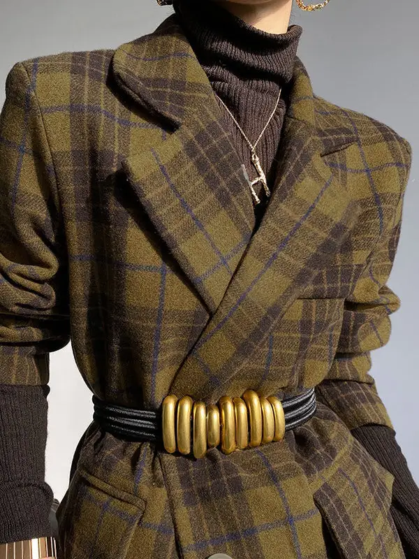Plaid Split Lapel Jacket Textured Coat