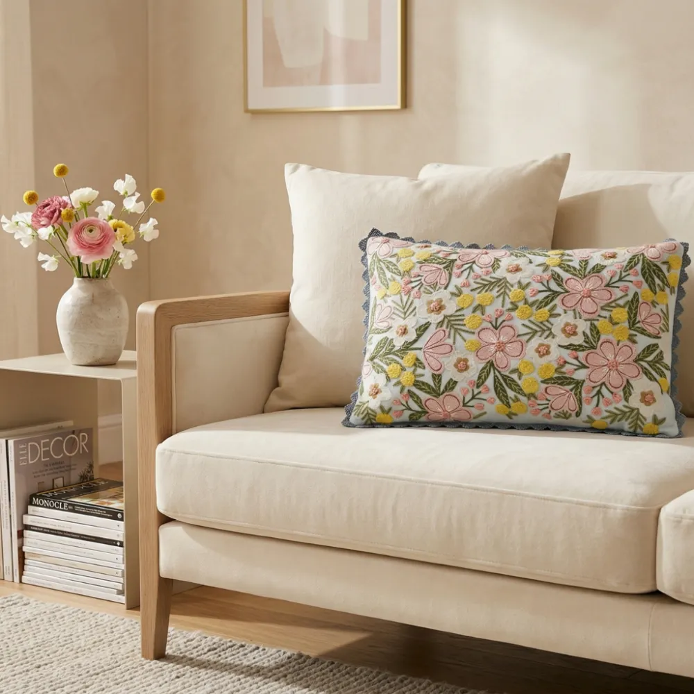 Hand Embroidered Floral Traditional Cotton Decorative Cushion Cover