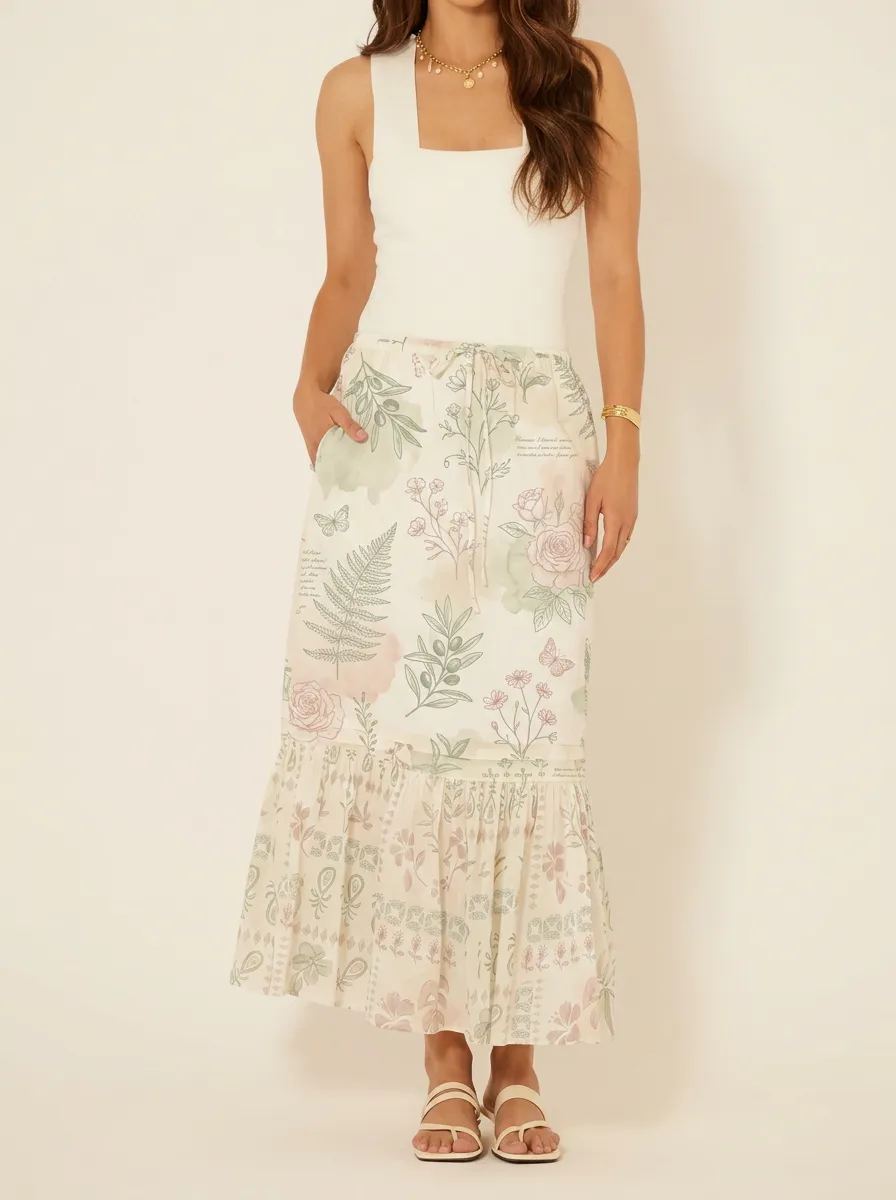 Women's Botanical Floral Fern Printed Ruffle Maxi Skirt