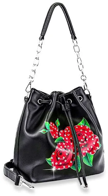 Studded Crystal Accent Drawstring Faux Leather Hobo Shoulder Bag