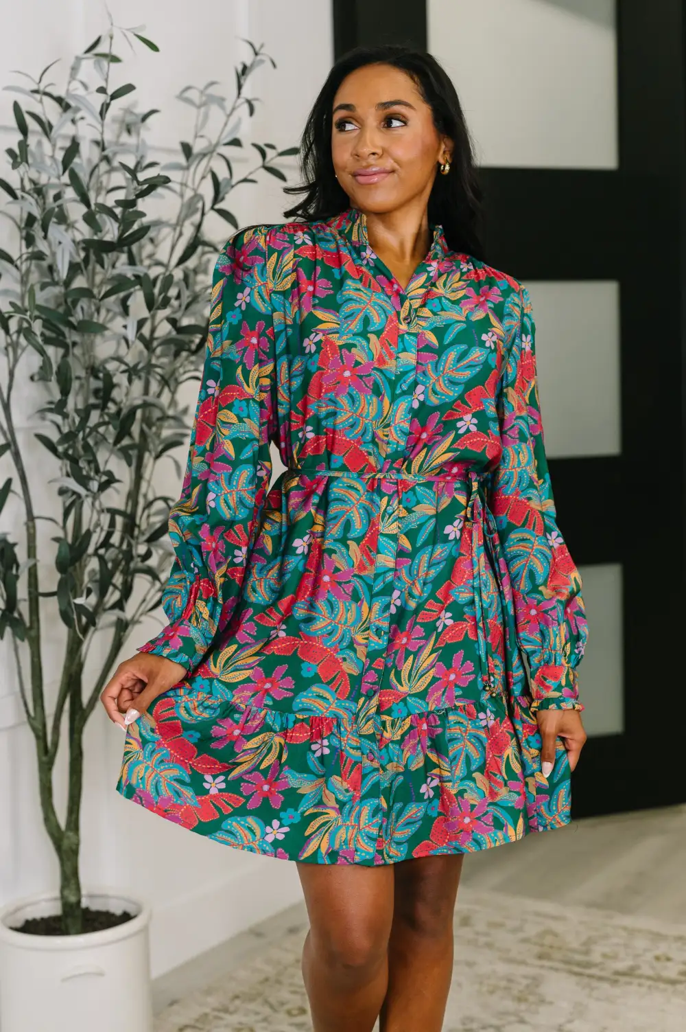 Tiered V-Neck Long-Sleeve Casual Dress