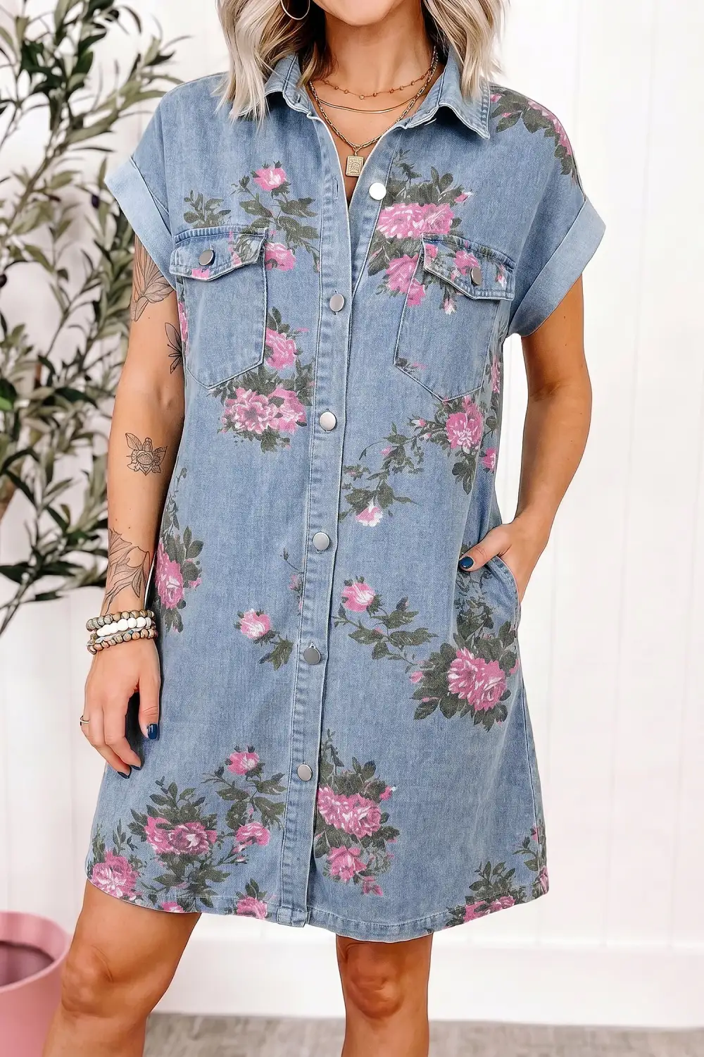 Chic Floral Denim Look Button Front Mini Dress