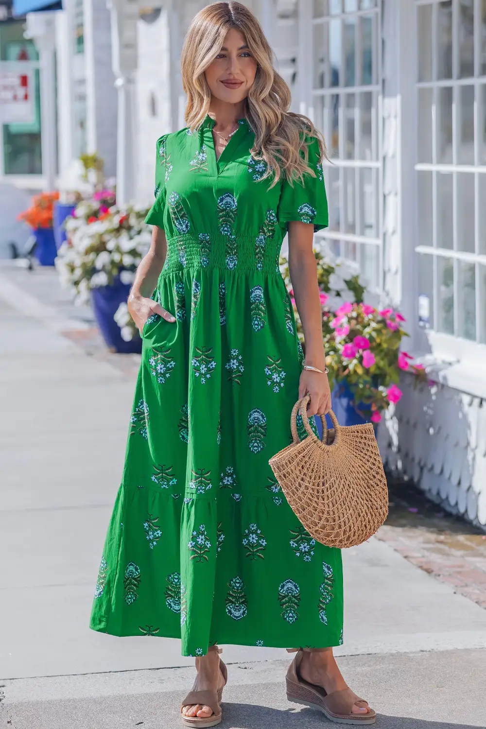 Clean Line Floral Printed Split Neck Maxi Dress