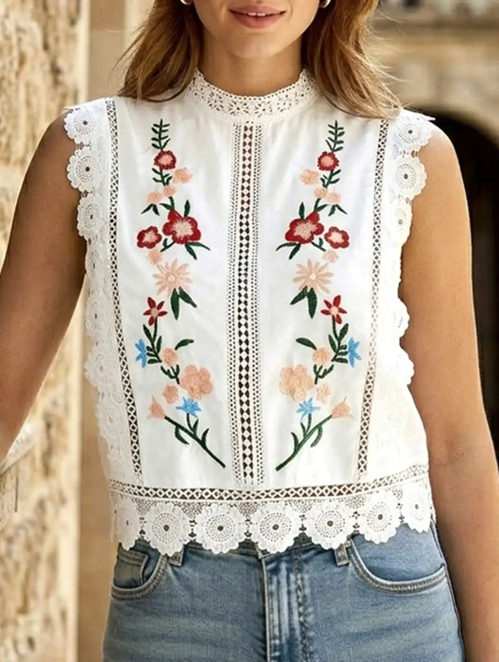 Lace Embroidered Sleeveless Blouse