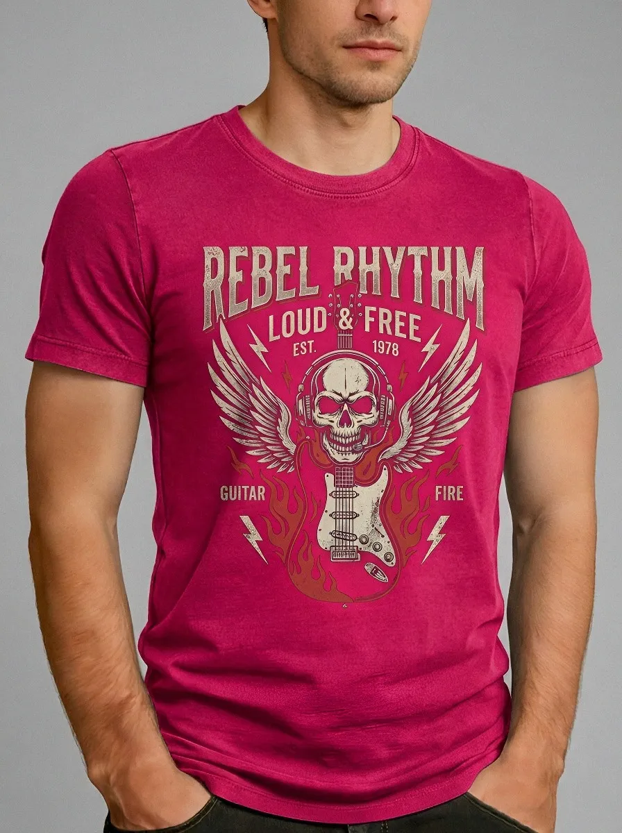 Men's Rock Music Lover Skull Guitar Wings Printed T-shirt