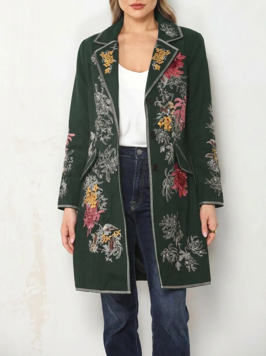 Women's Vintage Floral Embroidery Printed Long Blazer Coat