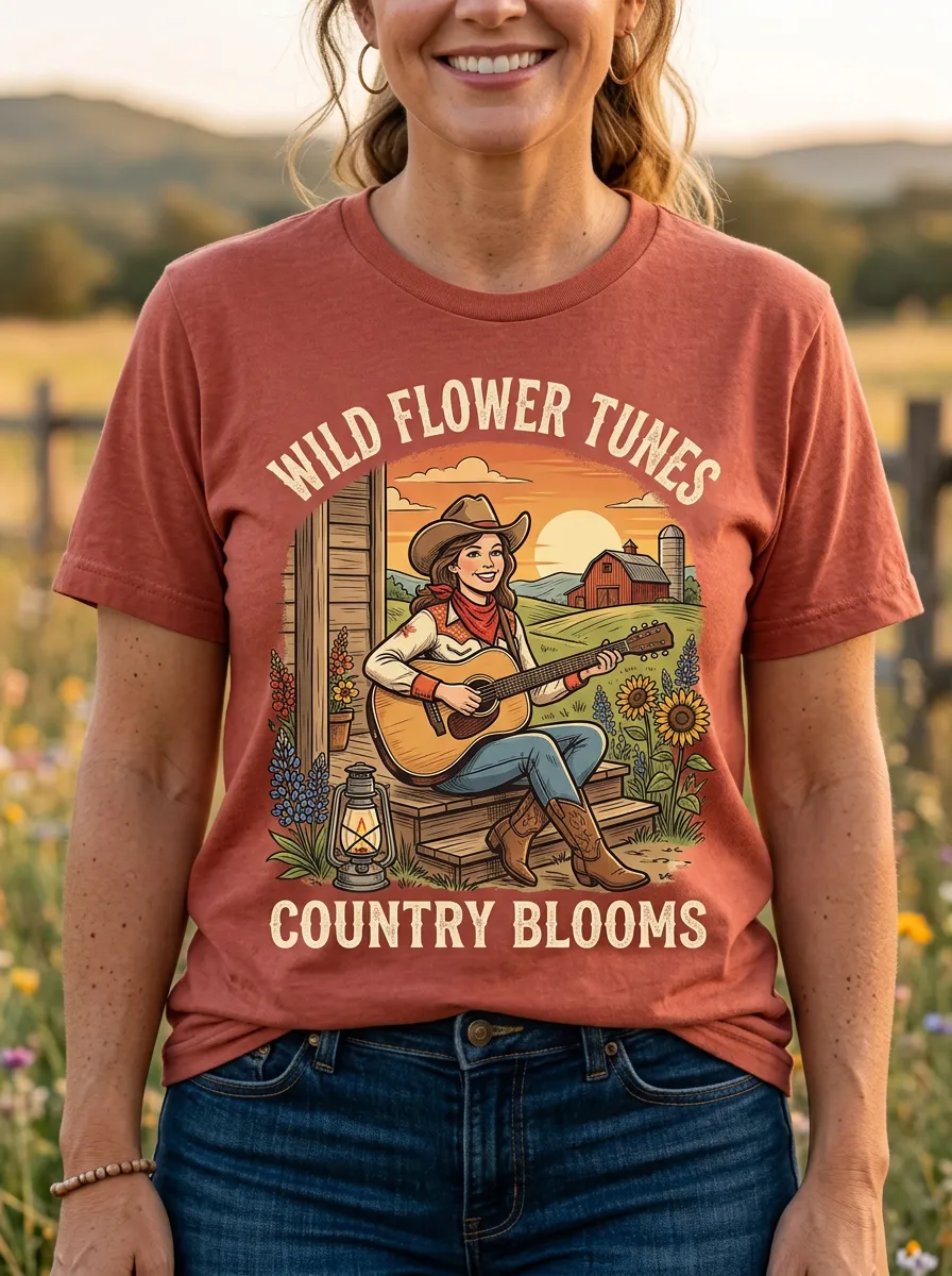 Festival Guitar Cowgirl Country Music Crewneck T-Shirt