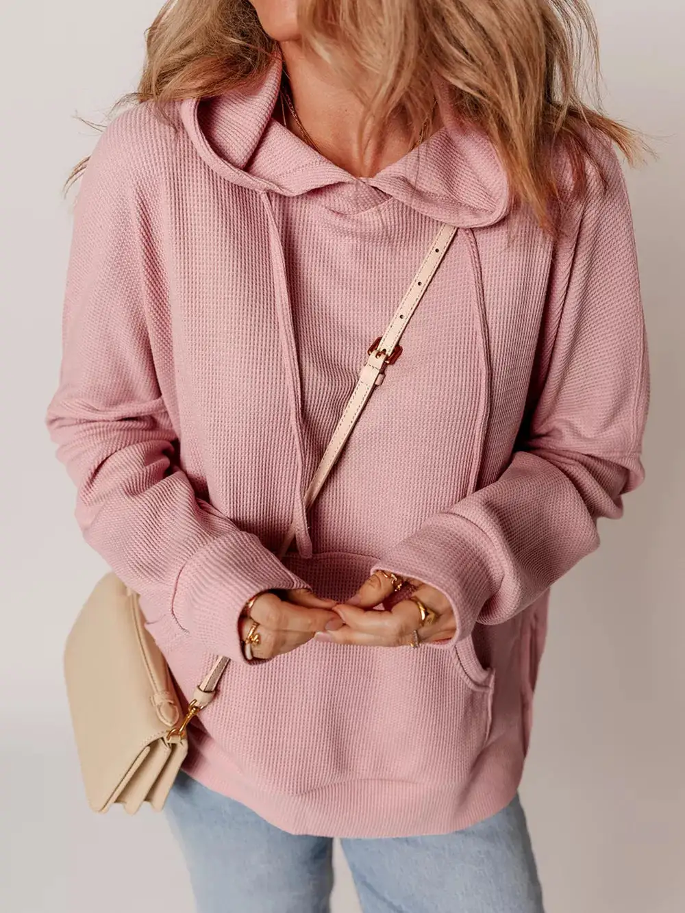 Drawstring Pocketed Oversized Waffle-Textured Hoodie