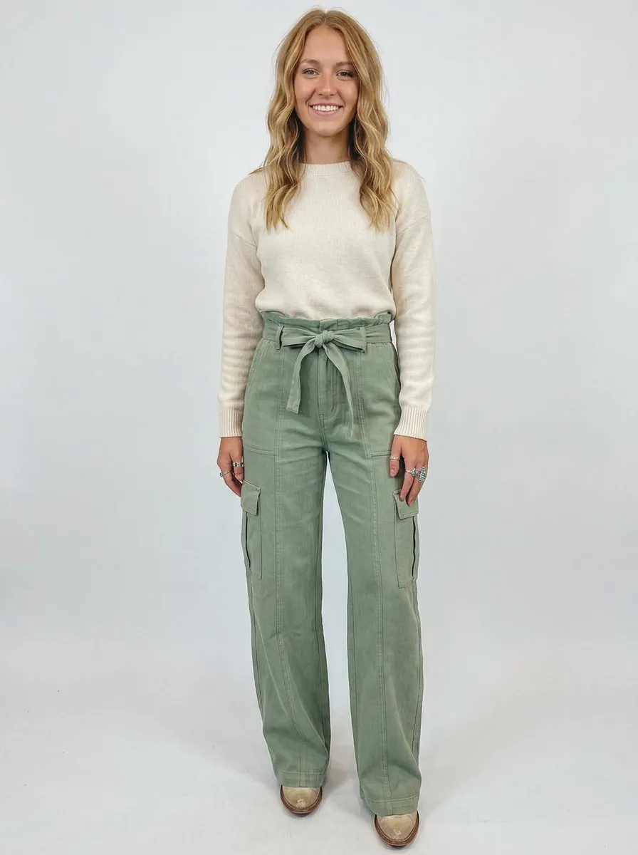 Women's Western Style Sage Green Tie-Waist Cargo Pants