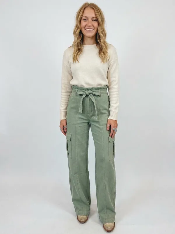 Women's Western Style Sage Green Tie-Waist Cargo Pants