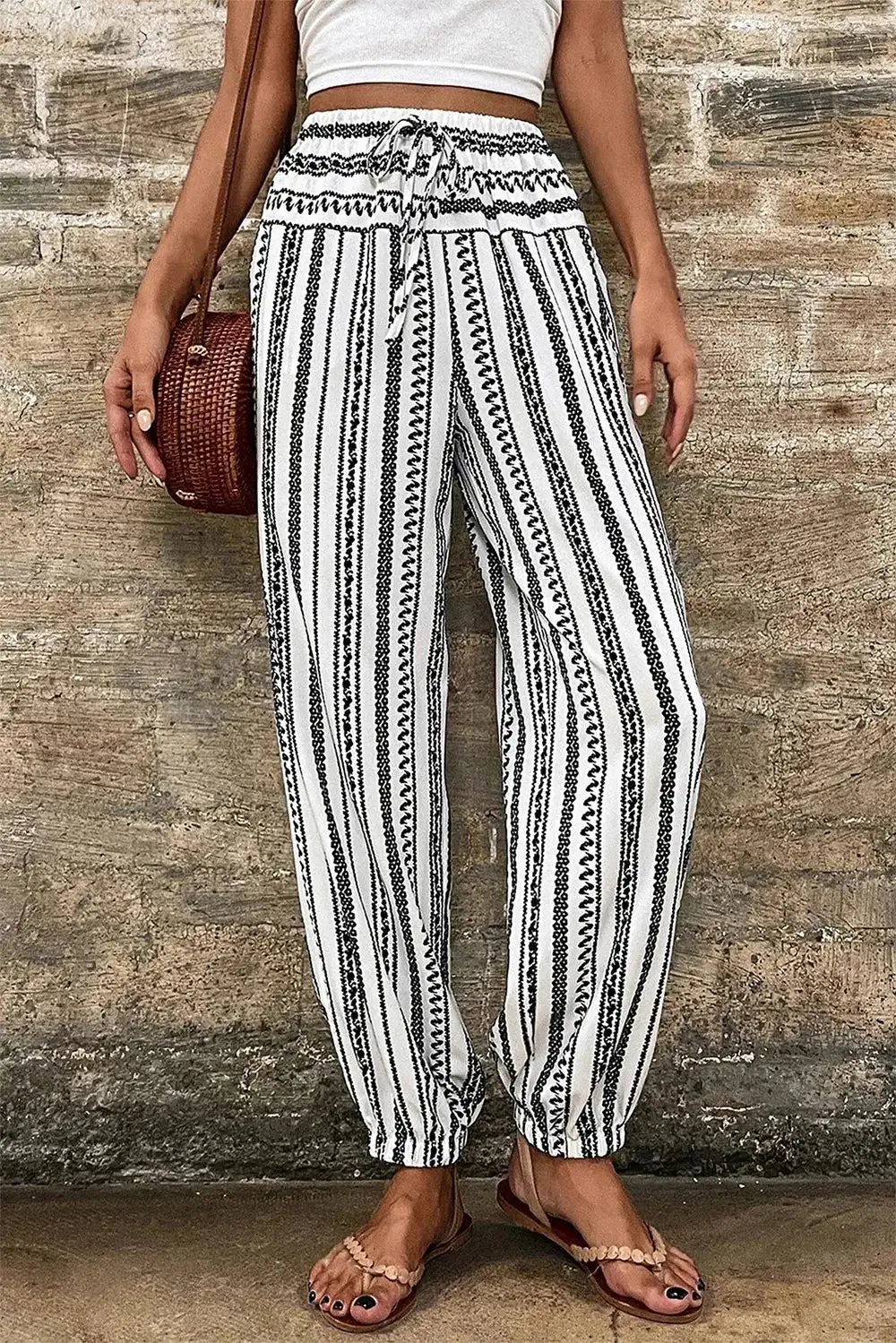 Elastic Waist Printed High Waist Drawstring Pants